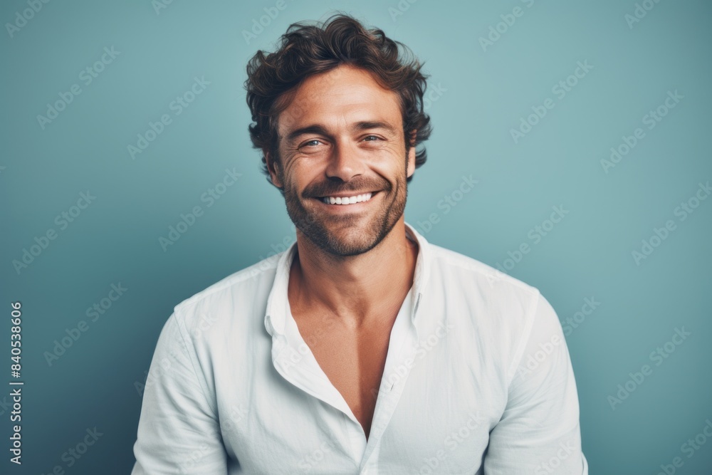 Portrait of a smiling man in his 30s wearing a chic cardigan in front of pastel blue background Portrait of a smiling man in his 30s wearing a chic cardigan in front of pastel blue background