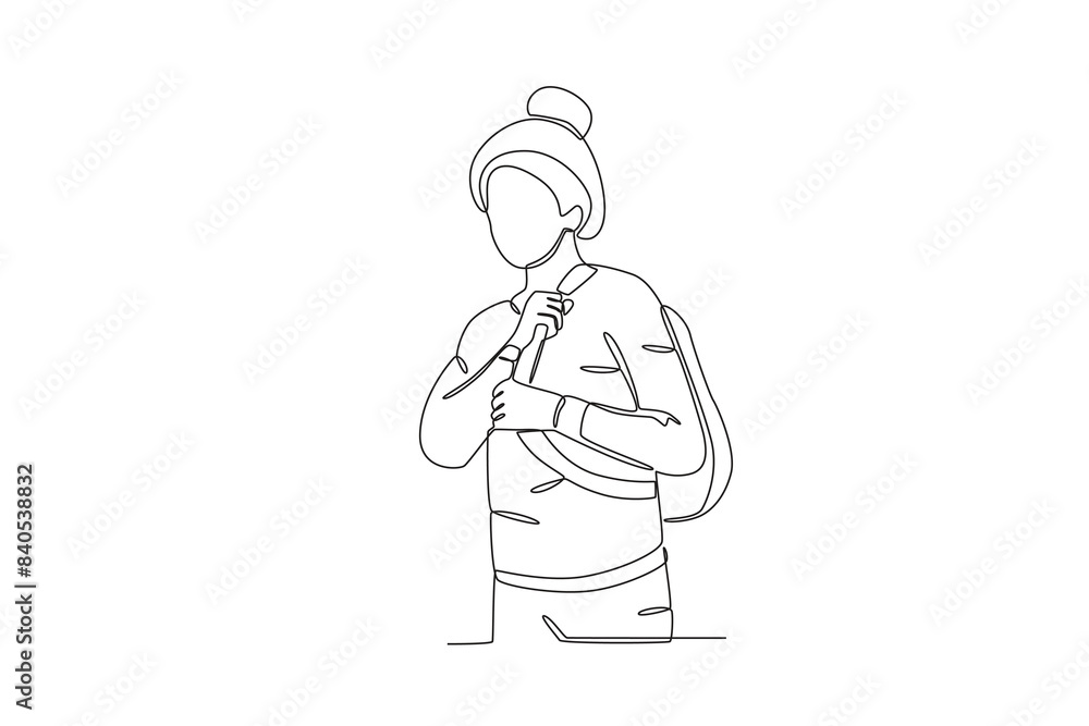 Continuous one line drawing of Student is holding a bag, student day concept. Modern continuous line draw design graphic vector illustration
Continuous one line drawing of Student is holding a bag, student day concept. Modern continuous line draw design graphic vector illustration