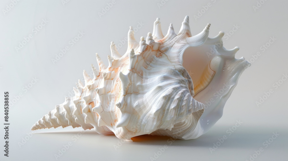 Close-up of a large, detailed spiked seashell displayed on a white surface, showcasing its intricate texture and patterns. Close-up of a large, detailed spiked seashell displayed on a white surface, showcasing its intricate texture and patterns.