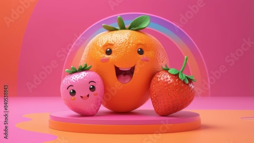 A delightful orange and a charming strawberry sit happily on a vibrant rainbow  set against a warm pink-orange background.