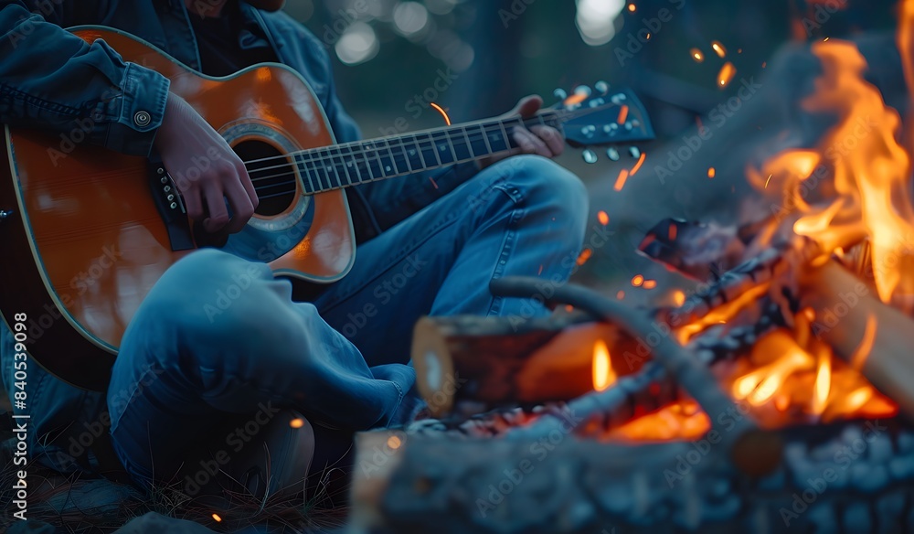 Young man playing acoustic guitar by a campfire on a summer evening, sitting on a wooden log near the bon fire and singing songs with friends during a travel trip Young man playing acoustic guitar by a campfire on a summer evening, sitting on a wooden log near the bon fire and singing songs with friends during a travel trip