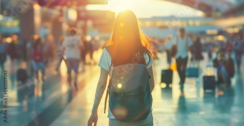 Backpack is seen on the back of a female traveler at an airport in soft focus photography