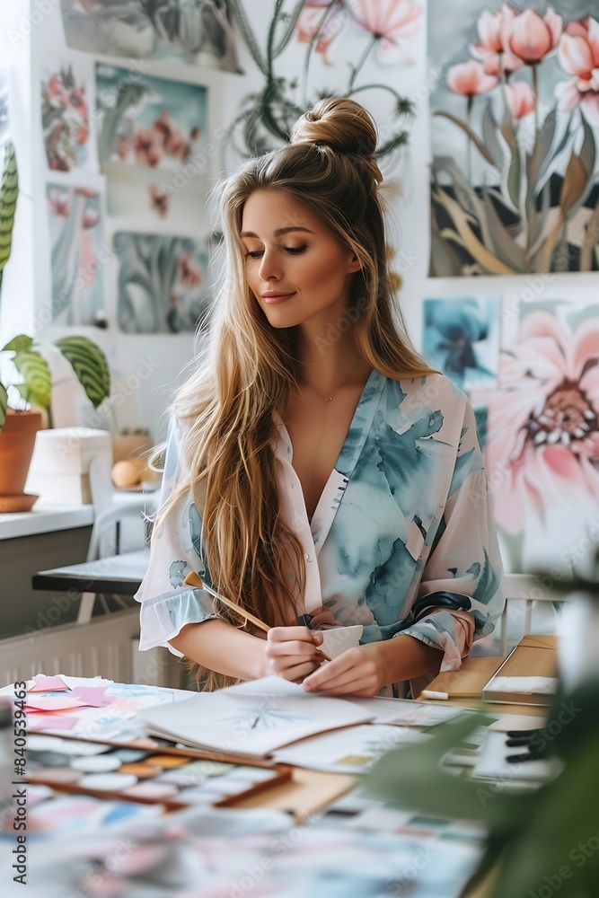 Fototapeta premium woman creating a vision board Include calming colors like soft pinks and blues , watercolor pastel : Generative AI