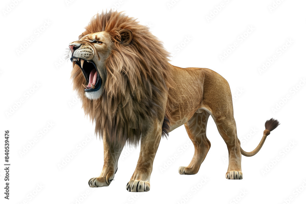 Obraz premium A fierce lion roaring with its majestic mane, showcasing the raw power and beauty of the wild. Perfect for wildlife and nature themes.