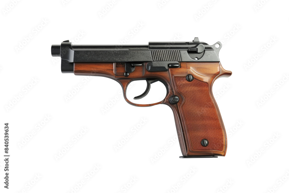 Close-up of a modern semi-automatic handgun with a wooden grip, isolated on a transparent background. ideal for firearm enthusiasts and collections. Close-up of a modern semi-automatic handgun with a wooden grip, isolated on a transparent background. ideal for firearm enthusiasts and collections.
