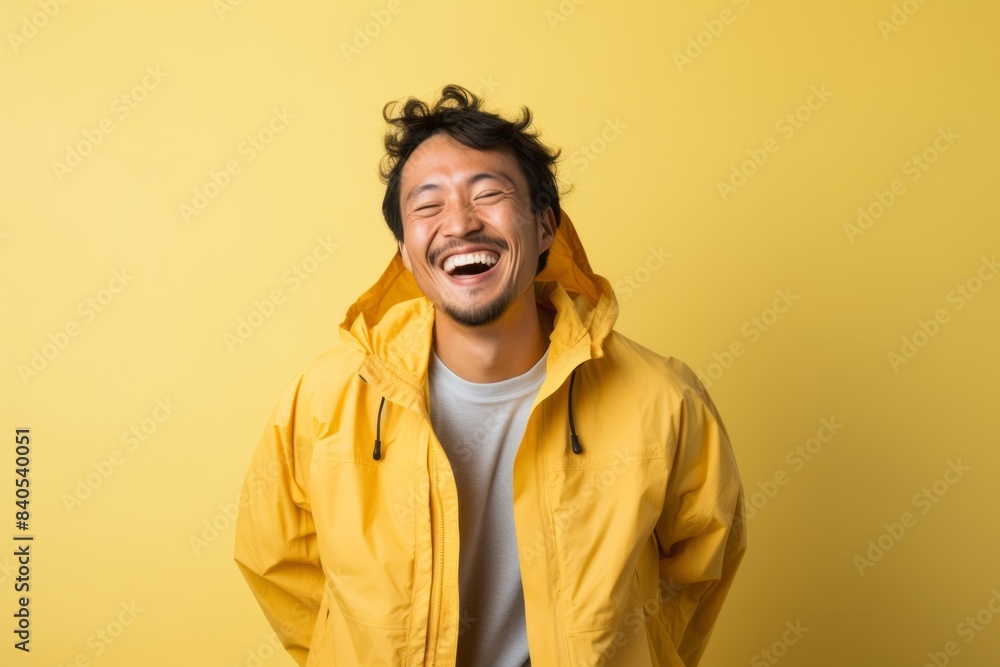 Portrait of a joyful asian man in his 30s wearing a lightweight packable anorak on pastel yellow background Portrait of a joyful asian man in his 30s wearing a lightweight packable anorak on pastel yellow background