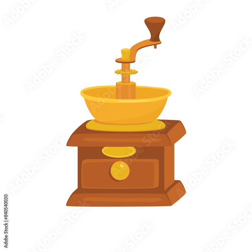 Vintage manual coffee grinder isolated on white background.Wooden container and copper mill with handle.Vector graphic design for use in banner template,sticker,card.Flat cartoon illustration.
