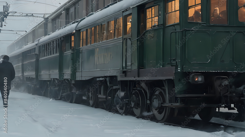 a man walking on the snow next to a train a man walking on the snow next to a train