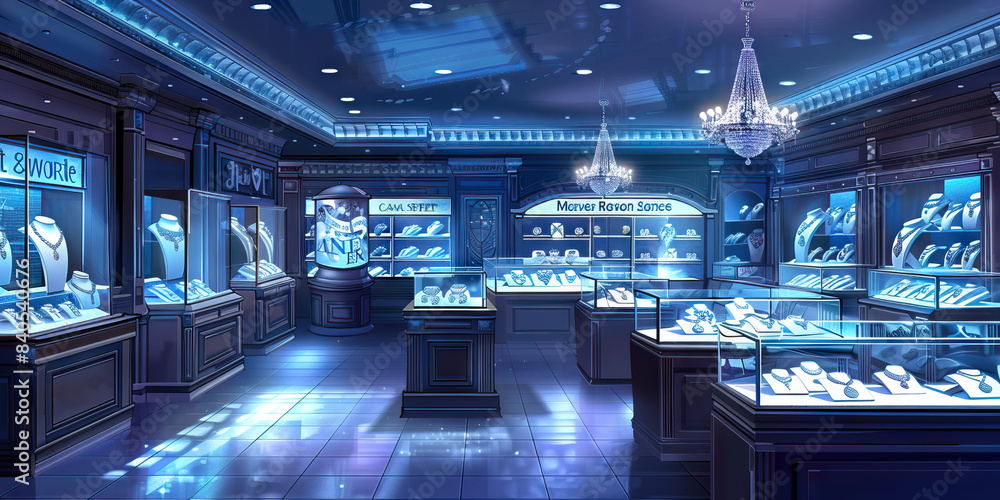 Jewelry Store Diamond Delights: Jewelry store display cases filled with sparkling gems, watches, and signs announcing Massive Jewelry Sale. Jewelry Store Diamond Delights: Jewelry store display cases filled with sparkling gems, watches, and signs announcing Massive Jewelry Sale.