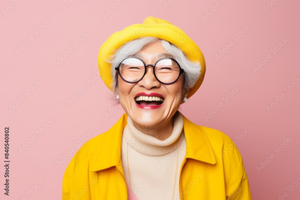 Portrait of a joyful asian woman in her 80s sporting a trendy beanie on pastel yellow background Portrait of a joyful asian woman in her 80s sporting a trendy beanie on pastel yellow background