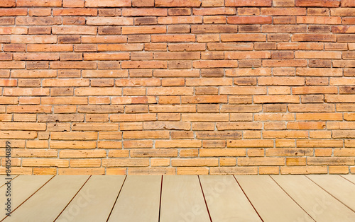 Blank brick wall and wooden floor background  brown wooden floor with empty red brick wall background