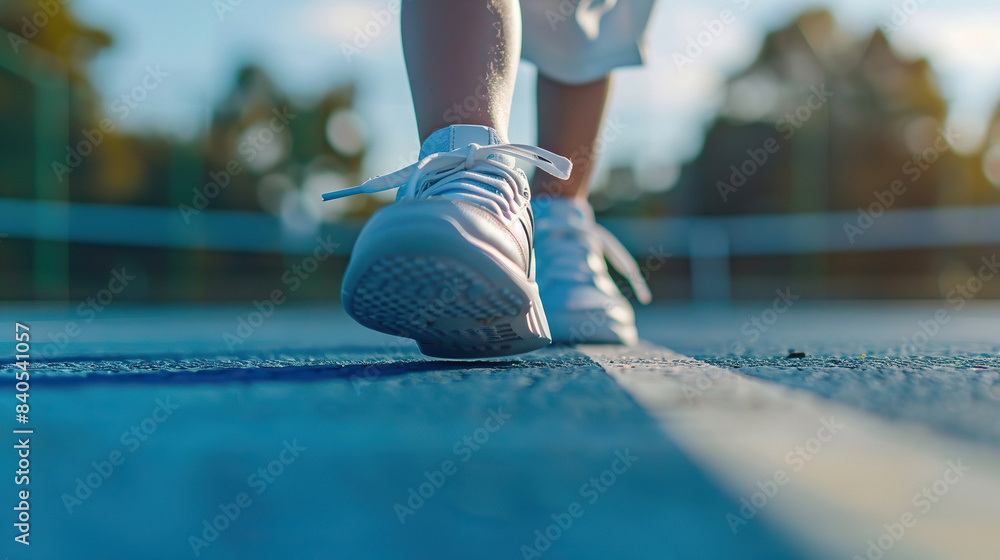A detailed close-up of a child's tennis shoes as they make a quick pivot on the court A detailed close-up of a child's tennis shoes as they make a quick pivot on the court