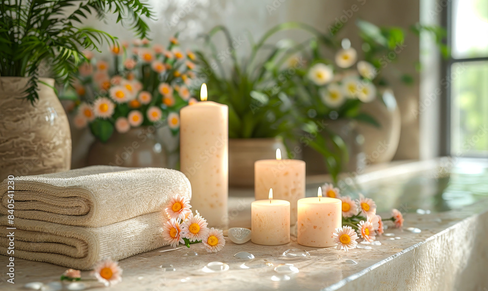 Serene Spa Setting with Lit Candles and Towels in Wellness Center, Relaxing Ambiance with Flowers and Soft Lighting Serene Spa Setting with Lit Candles and Towels in Wellness Center, Relaxing Ambiance with Flowers and Soft Lighting