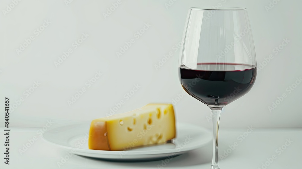 Minimalist scene with a glass of red wine and a plate of cheese, isolated on a white background, perfect for product promotion Minimalist scene with a glass of red wine and a plate of cheese, isolated on a white background, perfect for product promotion