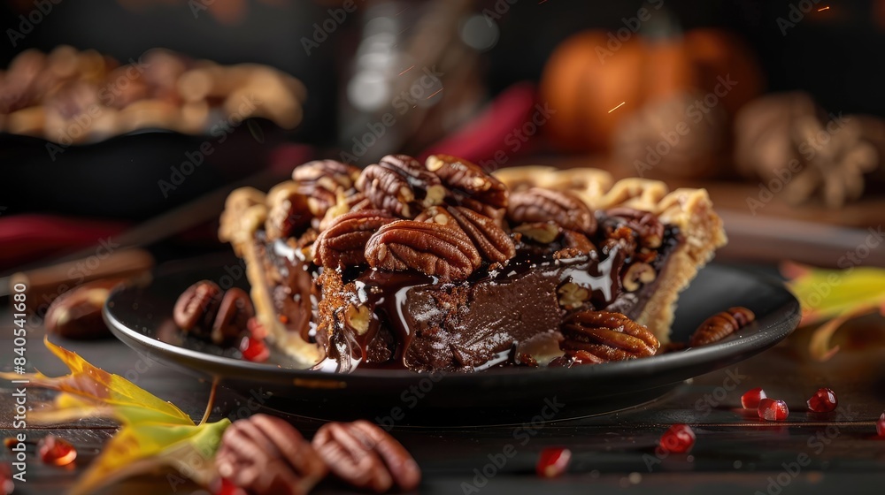 A close-up of a delicious slice of pecan pie topped with crunchy pecans, perfect for autumn and holiday desserts. A close-up of a delicious slice of pecan pie topped with crunchy pecans, perfect for autumn and holiday desserts.