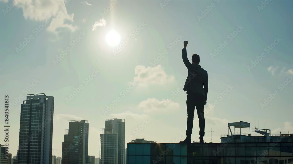 Silhouette of businessman standing on roof with raised fist in the air as a victory success Silhouette of businessman standing on roof with raised fist in the air as a victory success