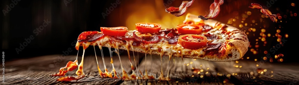 Close-up of a hot, cheesy pizza slice being lifted, with melted cheese stretching and vibrant toppings in a cozy, rustic setting. Close-up of a hot, cheesy pizza slice being lifted, with melted cheese stretching and vibrant toppings in a cozy, rustic setting.