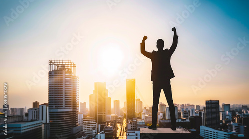 Silhouette of businessman standing on roof with raised fist in the air as a victory success