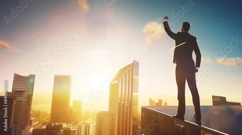 Silhouette of businessman standing on roof with raised fist in the air as a victory success