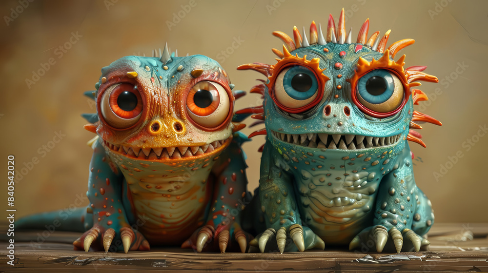 Craft an endearing image of cute creatures at a skewed angle, highlighting their expressive faces and colorful features with a photorealistic touch Craft an endearing image of cute creatures at a skewed angle, highlighting their expressive faces and colorful features with a photorealistic touch