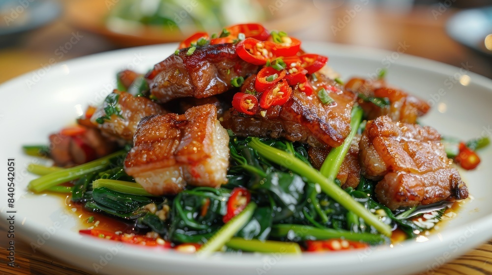 Plate of featuring crispy pork belly and fresh stir-fried morning glory, beautifully presented Plate of featuring crispy pork belly and fresh stir-fried morning glory, beautifully presented