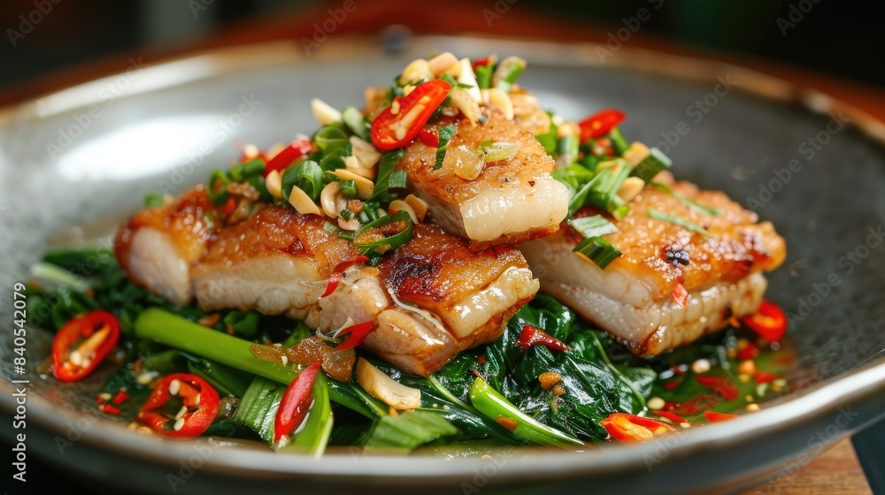 Plate of featuring crispy pork belly and fresh stir-fried morning glory, beautifully presented Plate of featuring crispy pork belly and fresh stir-fried morning glory, beautifully presented