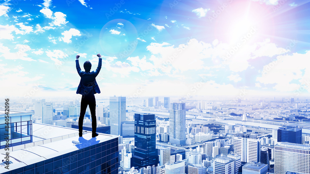 Silhouette of businessman standing on roof with raised fist in the air as a victory success Silhouette of businessman standing on roof with raised fist in the air as a victory success