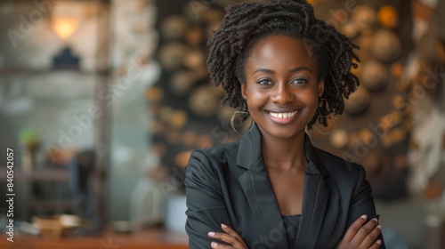 In this portrait of a black woman with crossed arms, she is smiling with confidence in the workplace.