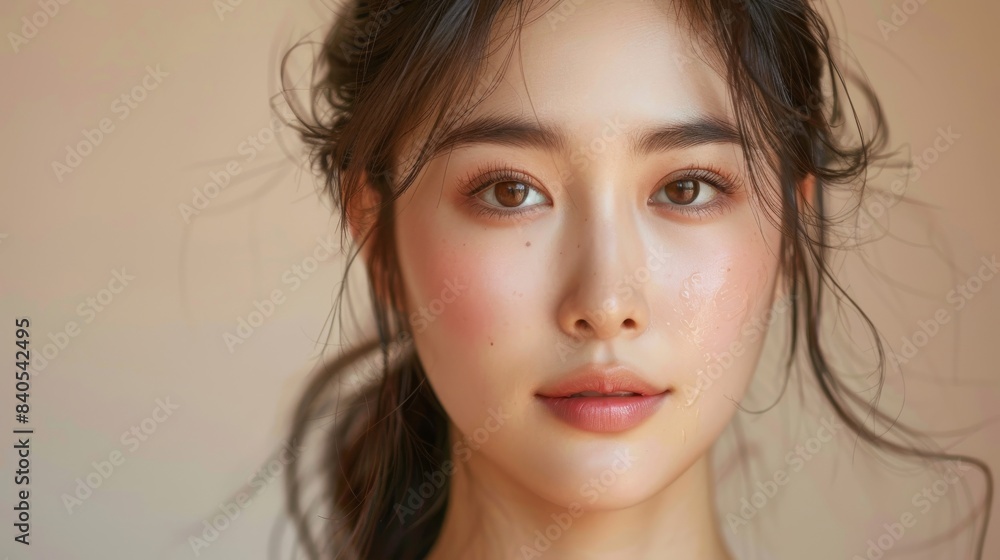 Beautiful young asian woman with clean fresh skin against a beige background. Facial care, Facial treatment, Cosmetology, beauty and spa. Beautiful young asian woman with clean fresh skin against a beige background. Facial care, Facial treatment, Cosmetology, beauty and spa.