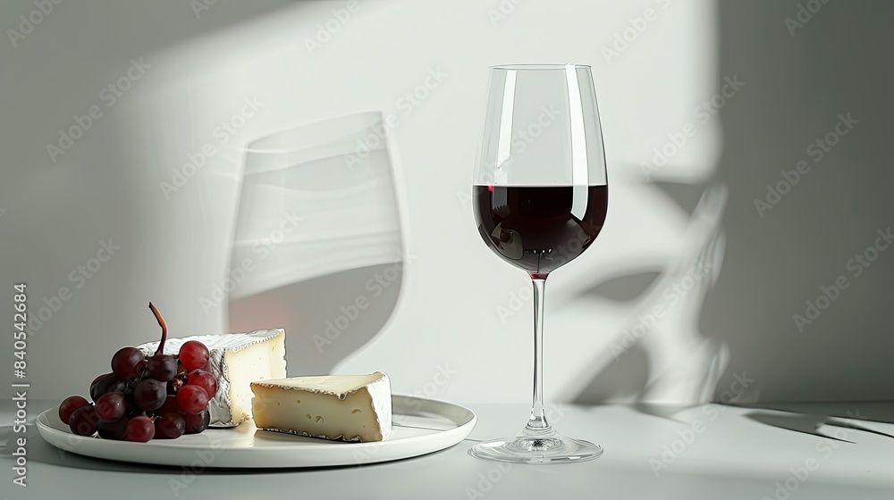 Simple elegance, a glass of red wine and a cheese plate, isolated on a minimal white table, perfect for product ads Simple elegance, a glass of red wine and a cheese plate, isolated on a minimal white table, perfect for product ads
