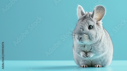 A fluffy chinchilla sits on a blue background, looking directly at the camera. Its soft, gray fur is visible, and its large ears are perked up. photo