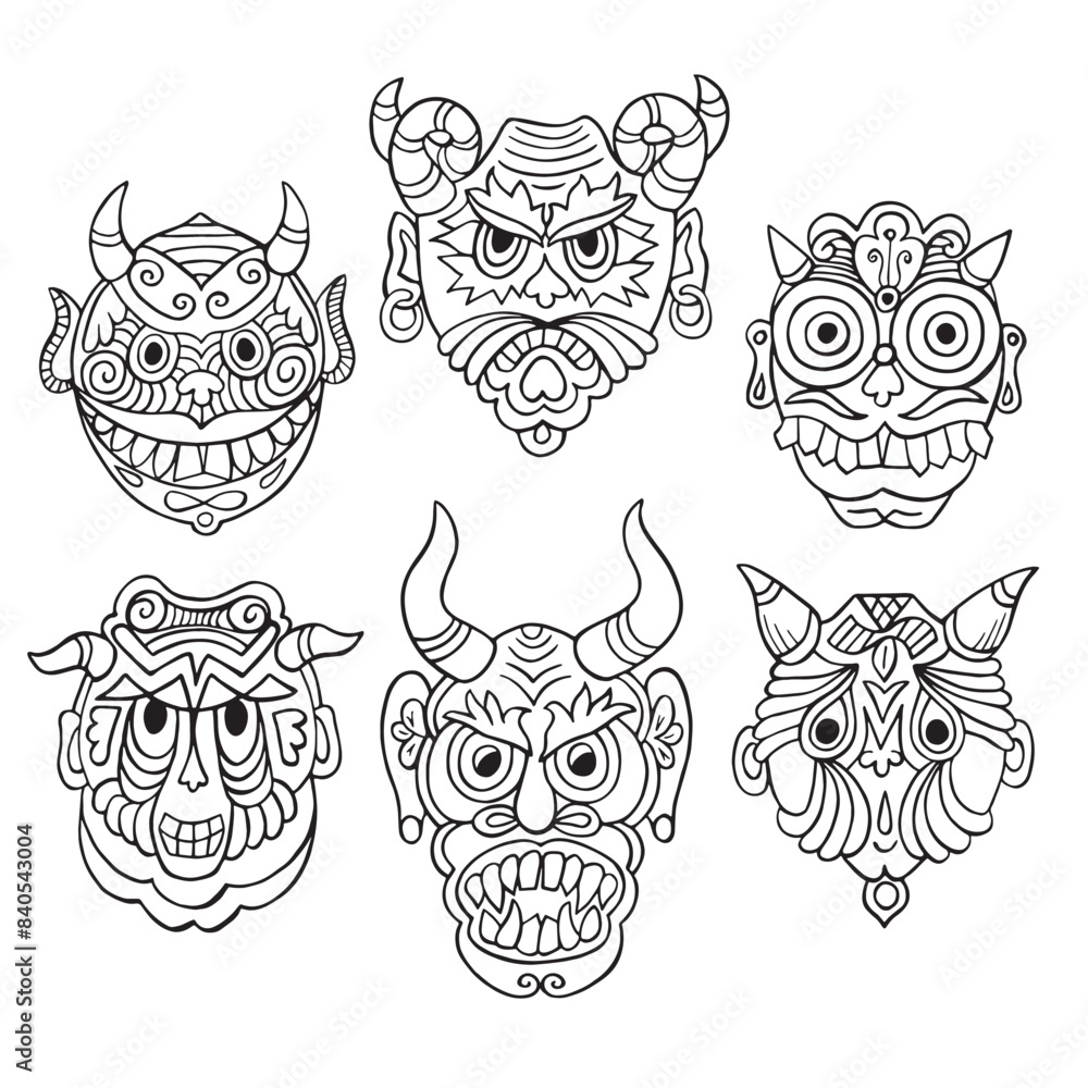 Hand drawn Totem masks. Black and white outline vector illustration. Hand drawn Totem masks. Black and white outline vector illustration.