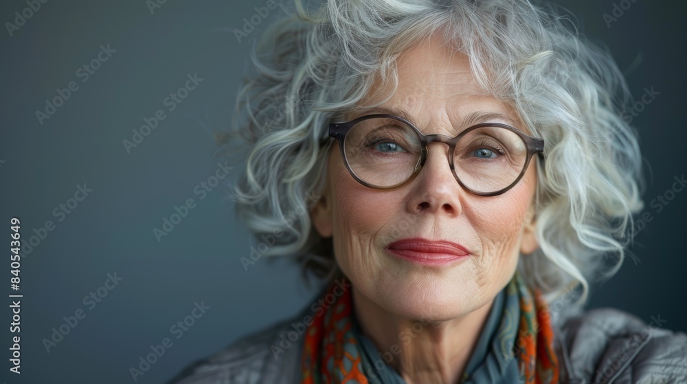 A grey background is used to depict the portrait of an elderly woman with glasses A grey background is used to depict the portrait of an elderly woman with glasses