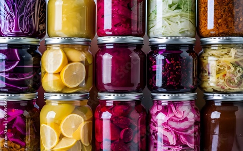A vibrant collection of assorted fermented foods displayed in clear glass jars, featuring a colorful array of textures and hues from vegetables and fruits, symbolizing healthy probiotic rich cuisine
