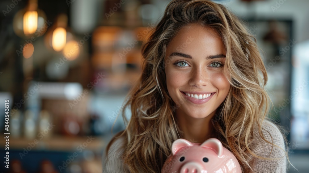 Obraz premium Office woman smiling while holding a piggy bank This is the concept of increased financial growth.