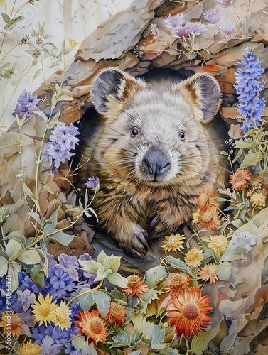 An endearing portrait of a wombat emerging from its burrow  framed by wildflowers and soft earth tones  showcasing its curious nature
