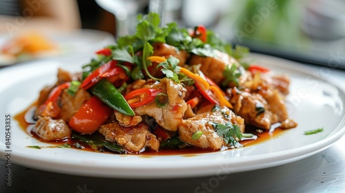 Thai stir-fry dish, served hot and garnished with fresh herbs, on a white plate
