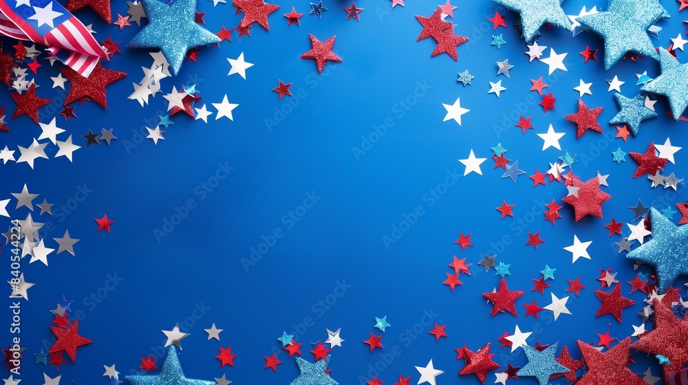 US Independence Day concept. Top view photo of empty space with blue, white and red glitter stars and american flag on blue isolated background with copy-space US Independence Day concept. Top view photo of empty space with blue, white and red glitter stars and american flag on blue isolated background with copy-space