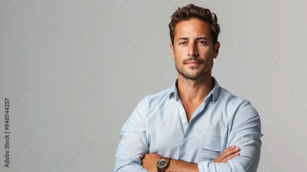 On a white background, a handsome businessman stands with his arms folded. On a white background, a handsome businessman stands with his arms folded.