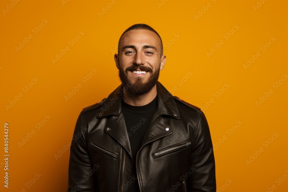Portrait of a merry man in his 30s sporting a classic leather jacket in front of pastel orange background Portrait of a merry man in his 30s sporting a classic leather jacket in front of pastel orange background