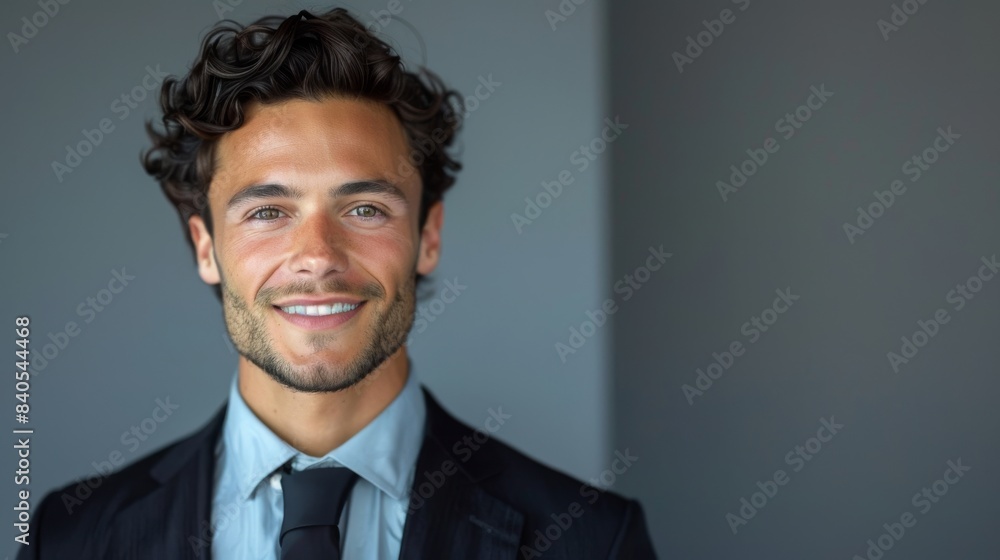 Young businessman in traditional black suit with shirt and tie posing on gray background. Success, prosperity, and business concepts. Young businessman in traditional black suit with shirt and tie posing on gray background. Success, prosperity, and business concepts.