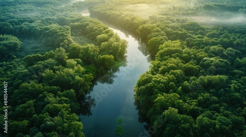 Breathtaking aerial view of a lush verdant forest with tall trees and a winding river flowing through the landscape  Soft golden sunlight filters through the dense canopy