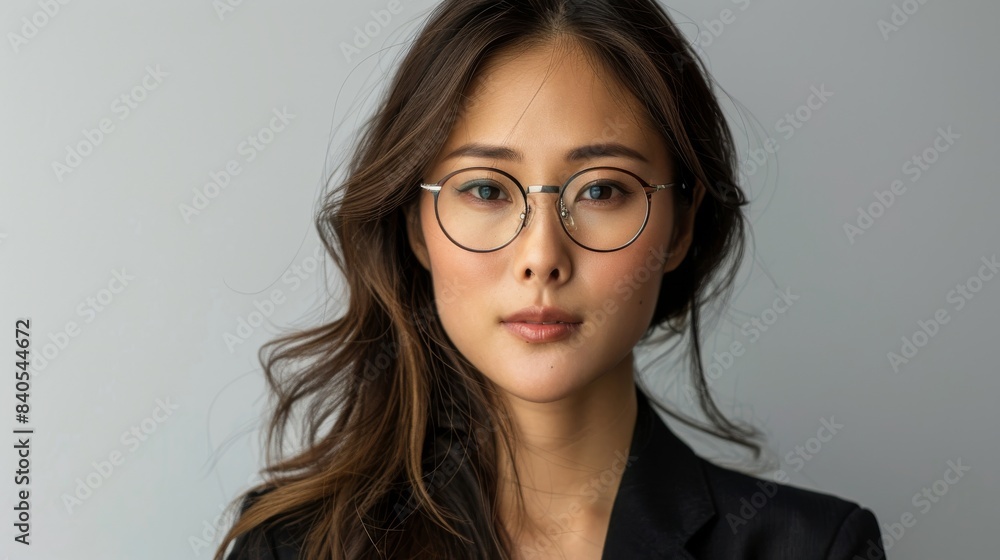 On white background, a portrait of a woman with glasses in an Asian business suit On white background, a portrait of a woman with glasses in an Asian business suit