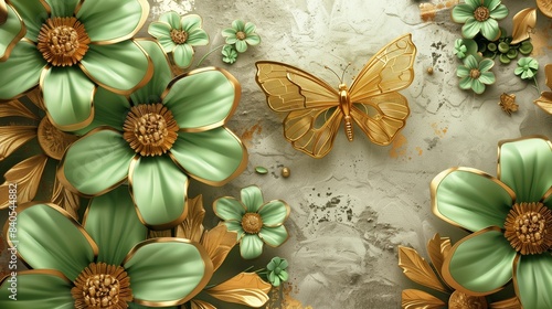 3d wallpaper abstract floral background with green flowers and golden butterfly mural for interior home