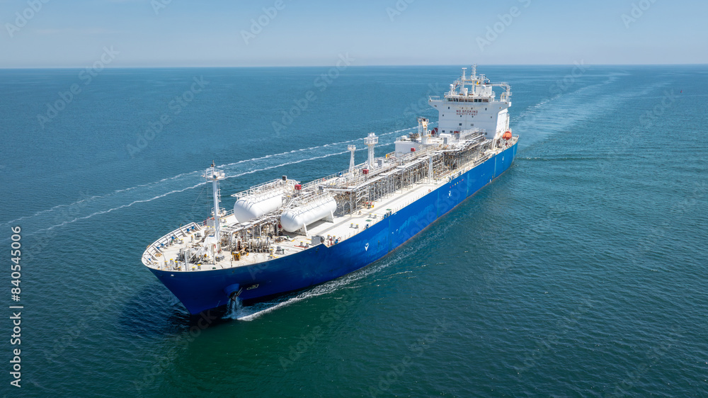 Aerial view of LPG gas ship. Gas carrier, gas tanker sailing in ocean