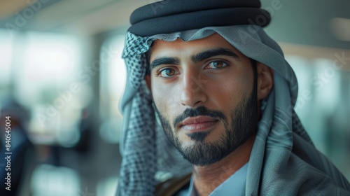 A man wearing a kandura at work against the backdrop of a corporate building with colleagues in the background. generative AI. Arabic man at work wearing a kandura. Ideal for a Middle East business