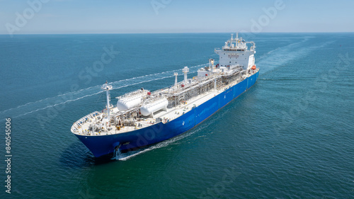 Aerial view of LPG gas ship. Gas carrier, gas tanker sailing in ocean