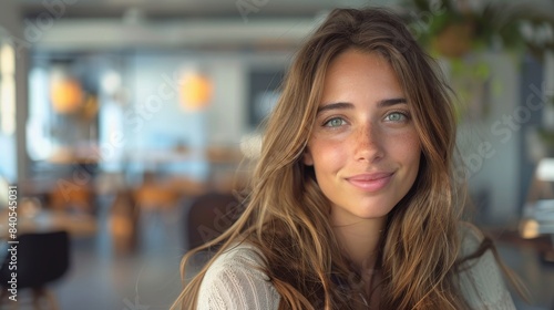 Wallpaper Mural Portrait of beautiful woman in an office, smiling at the camera and looking at the camera. Generative AI Torontodigital.ca