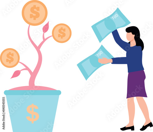 The girl is holding the cash near the dollar plant.