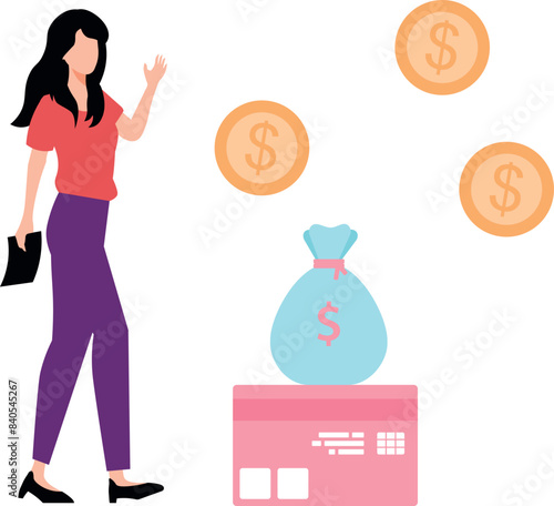 The girl is standing by the dollar bag.